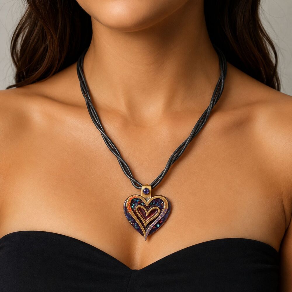 Chico's 3D Accent Beads Heart Pendant Triple Leather Cord 20" Long Necklace
